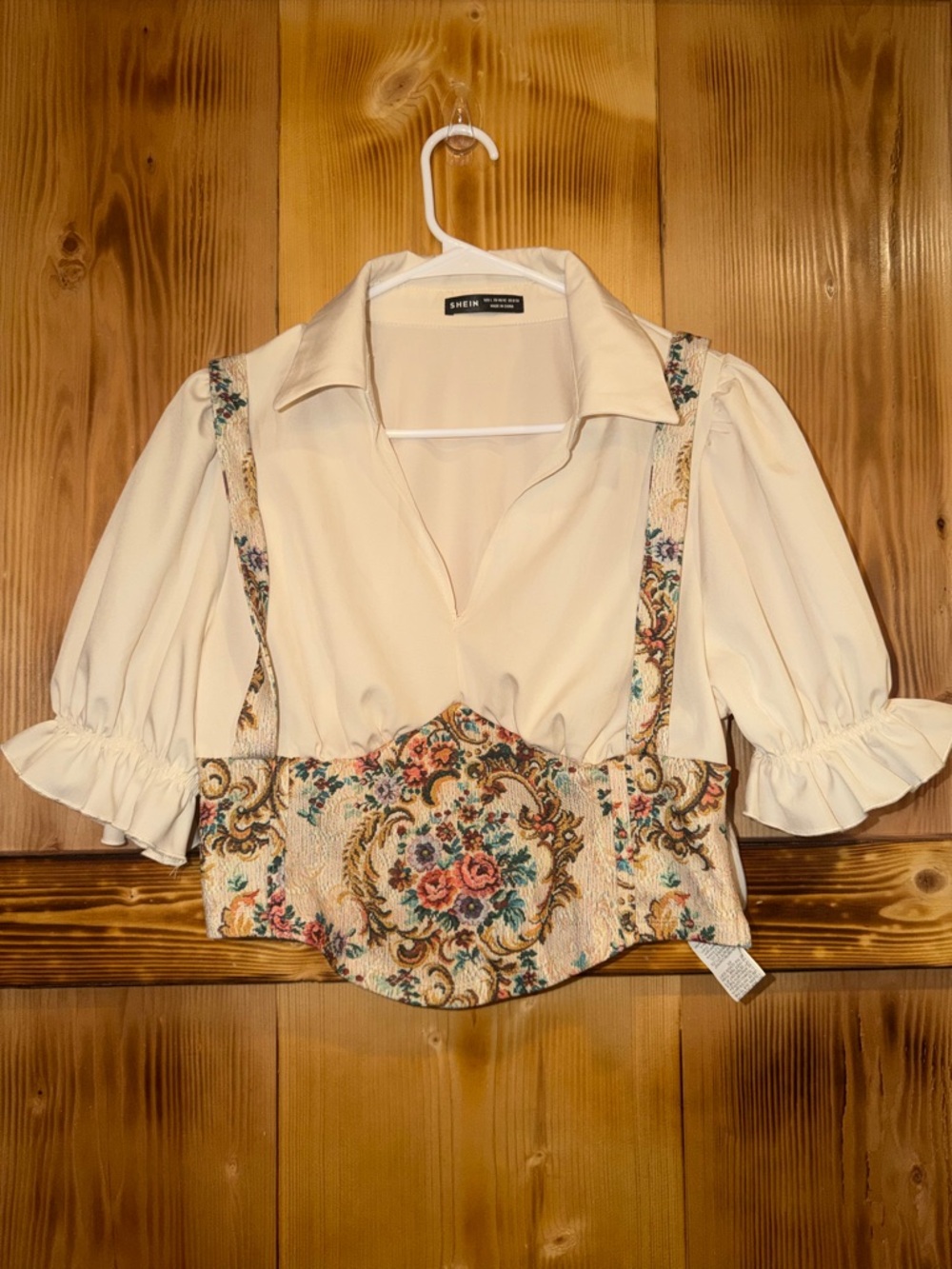 SHEIN Cream Puff-Sleeve Blouse with Floral Brocade Bustier Accent
